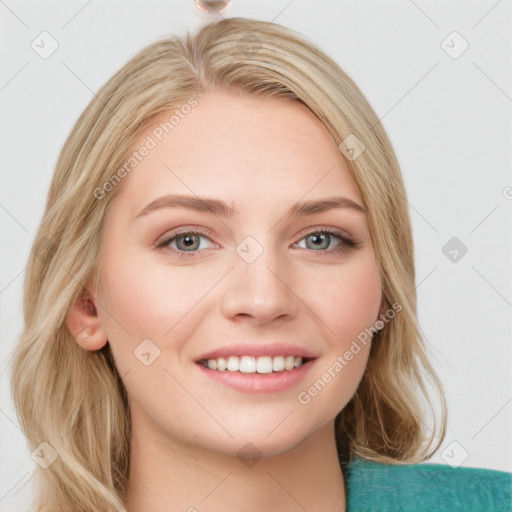 Joyful white young-adult female with long  brown hair and green eyes