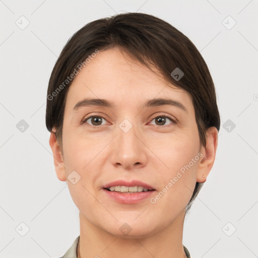 Joyful white young-adult female with short  brown hair and brown eyes