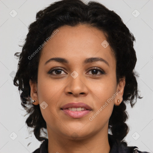 Joyful latino young-adult female with long  brown hair and brown eyes