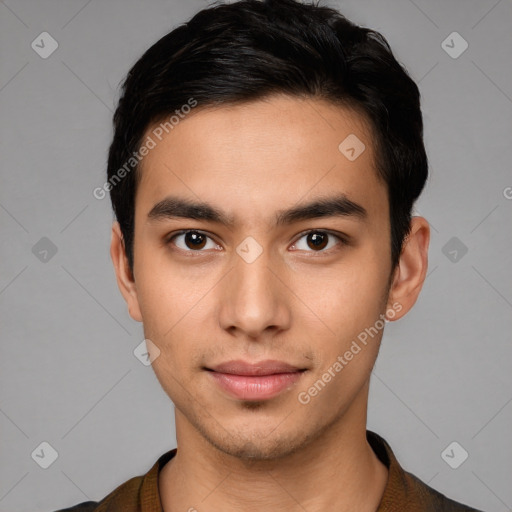 Neutral white young-adult male with short  black hair and brown eyes