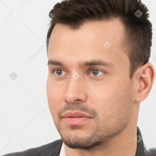 Neutral white young-adult male with short  brown hair and brown eyes