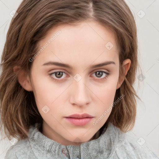 Neutral white young-adult female with medium  brown hair and grey eyes