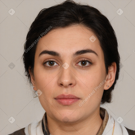 Neutral white young-adult female with medium  brown hair and brown eyes