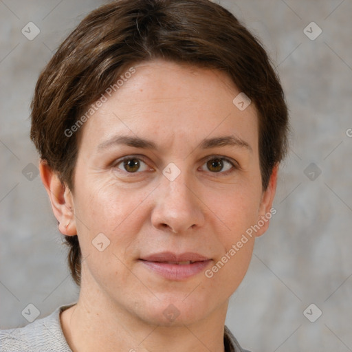 Joyful white young-adult female with short  brown hair and grey eyes