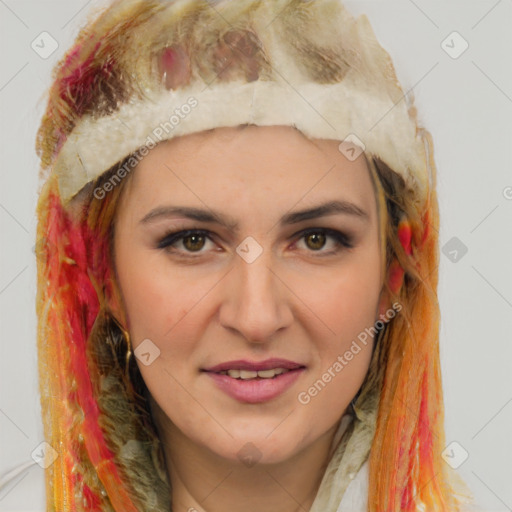 Joyful white young-adult female with medium  brown hair and blue eyes