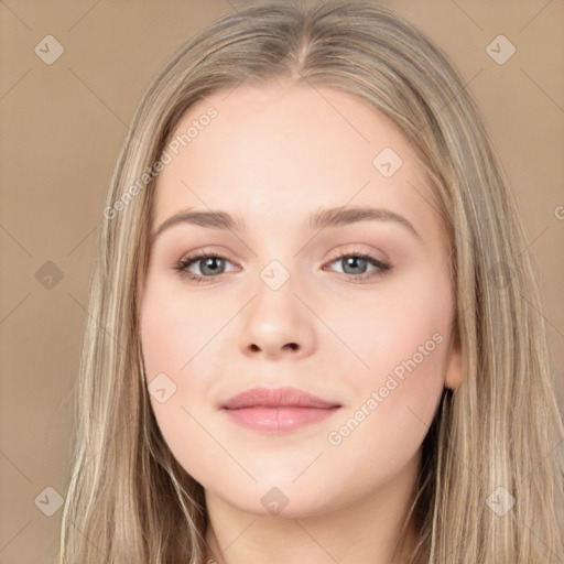 Neutral white young-adult female with long  brown hair and grey eyes