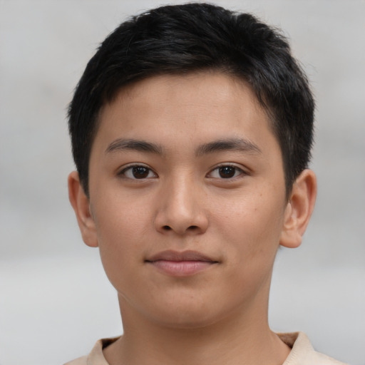 Neutral asian young-adult female with short  brown hair and brown eyes