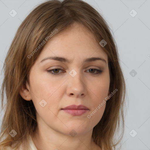 Neutral white young-adult female with long  brown hair and brown eyes