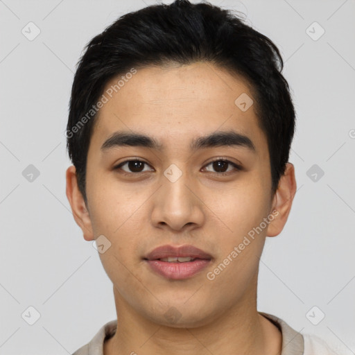 Neutral latino young-adult male with short  black hair and brown eyes