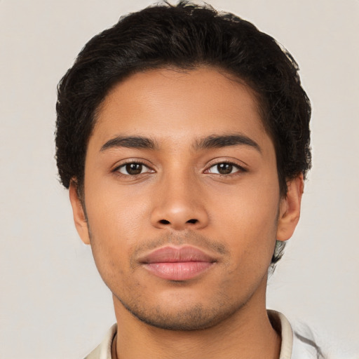 Neutral latino young-adult male with short  brown hair and brown eyes