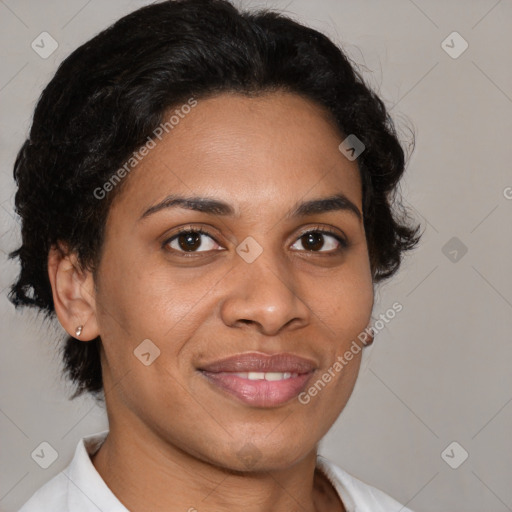 Joyful latino adult female with medium  brown hair and brown eyes