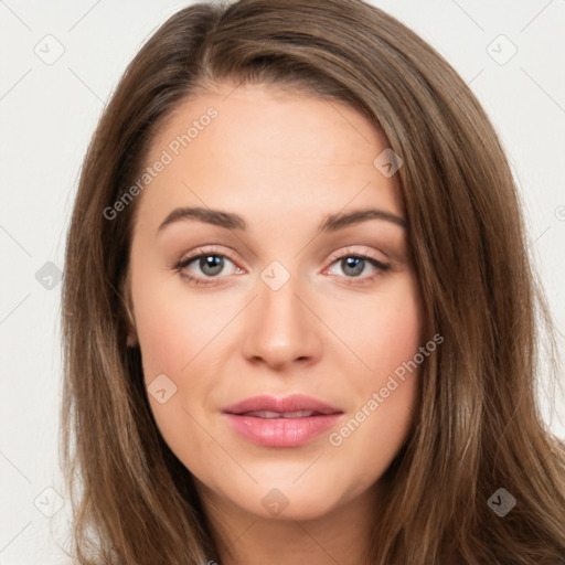 Joyful white young-adult female with long  brown hair and green eyes