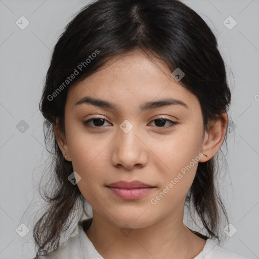 Neutral white young-adult female with medium  black hair and brown eyes