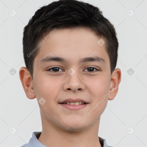 Joyful white child male with short  brown hair and brown eyes