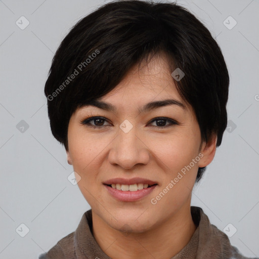 Joyful asian young-adult female with short  brown hair and brown eyes