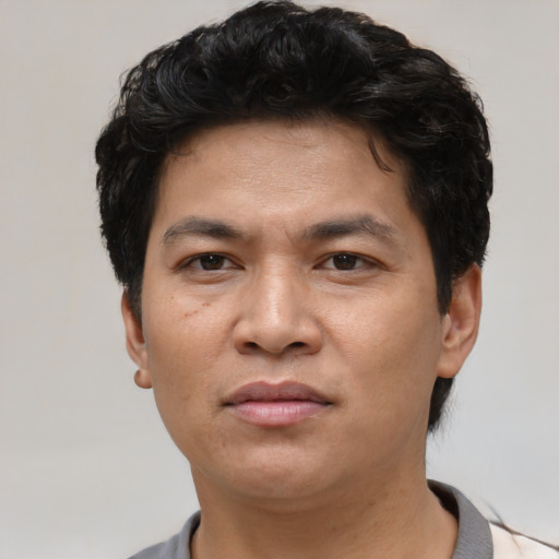 Joyful asian young-adult male with short  black hair and brown eyes