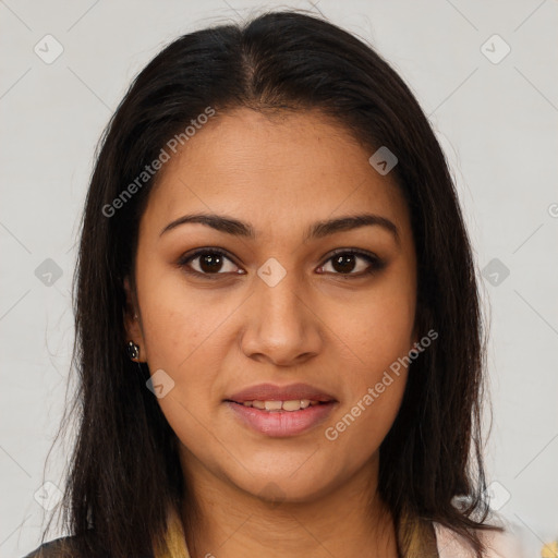 Joyful latino young-adult female with long  brown hair and brown eyes