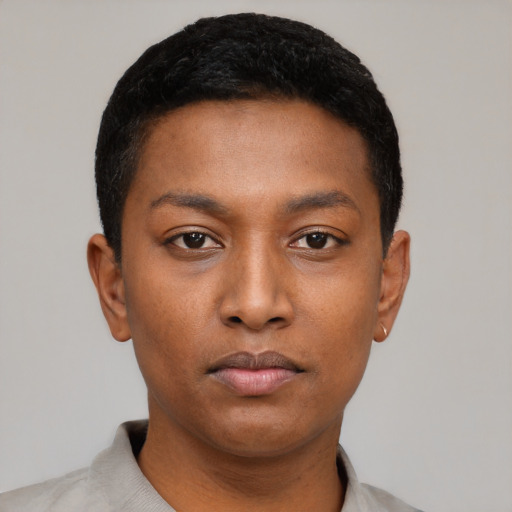 Neutral black young-adult male with short  black hair and brown eyes