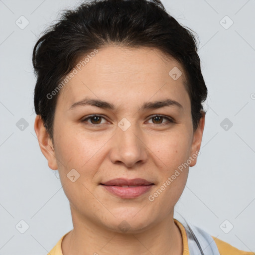 Joyful white young-adult female with short  brown hair and brown eyes