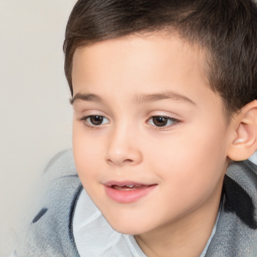 Joyful white child female with short  brown hair and brown eyes