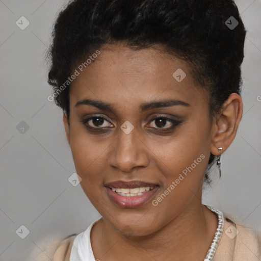 Joyful black young-adult female with short  brown hair and brown eyes