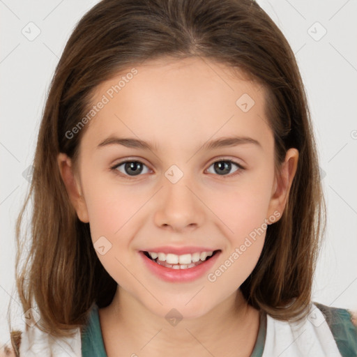 Joyful white child female with medium  brown hair and brown eyes