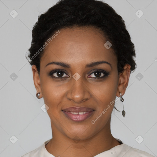 Joyful black young-adult female with short  black hair and brown eyes