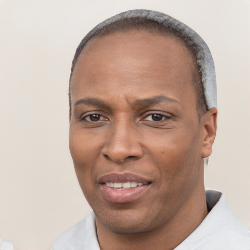 Joyful black adult male with short  brown hair and brown eyes