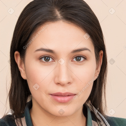 Neutral white young-adult female with long  brown hair and brown eyes