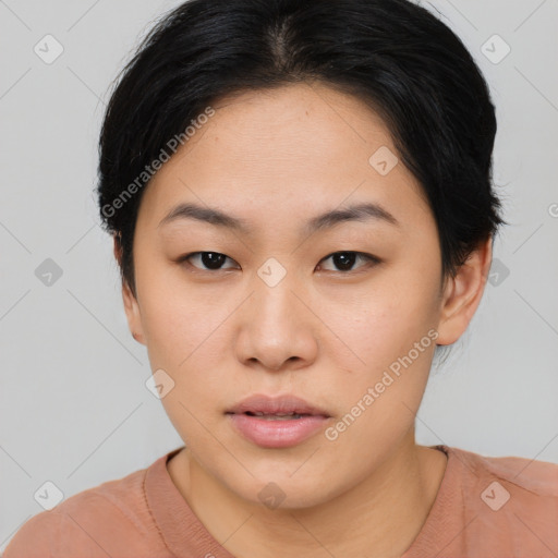 Neutral asian young-adult female with short  brown hair and brown eyes