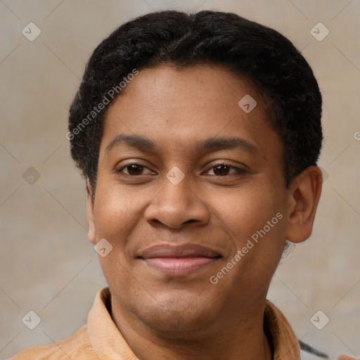 Joyful latino young-adult male with short  black hair and brown eyes