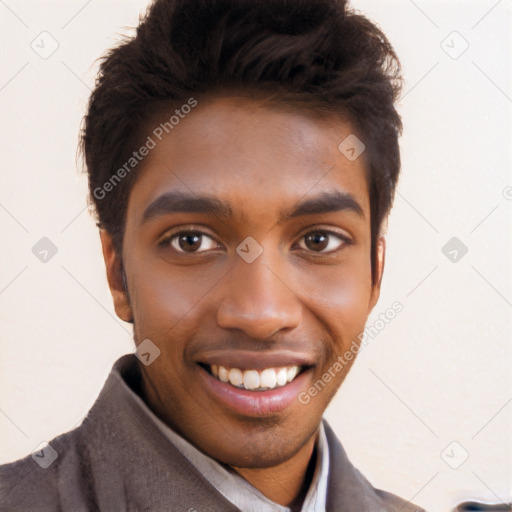 Joyful black young-adult male with short  brown hair and brown eyes