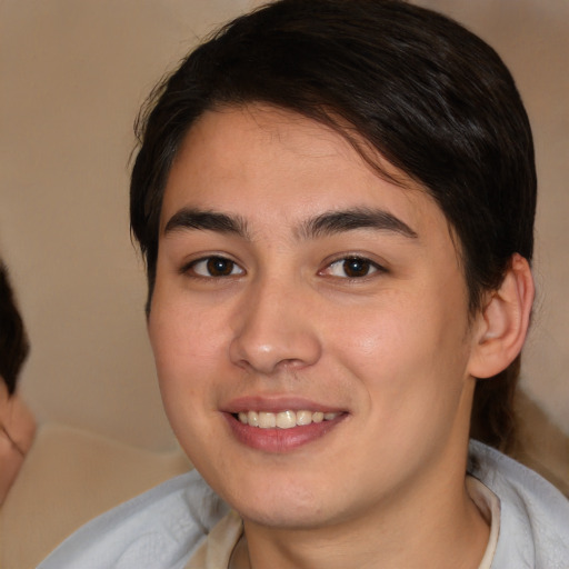 Joyful white young-adult male with medium  brown hair and brown eyes