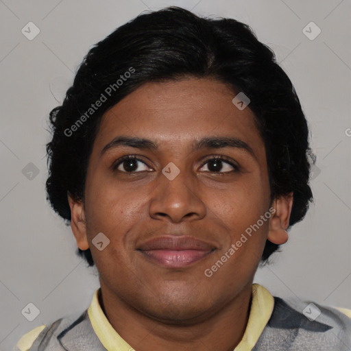 Joyful latino young-adult female with short  brown hair and brown eyes