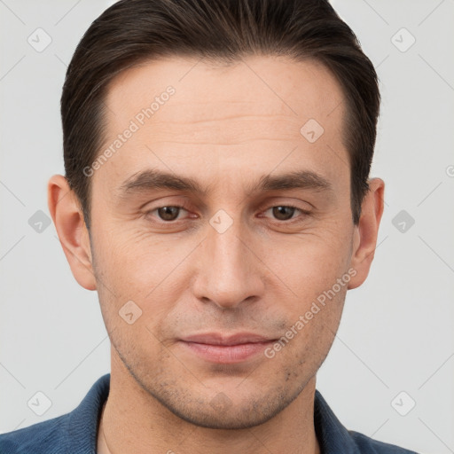 Joyful white young-adult male with short  brown hair and brown eyes