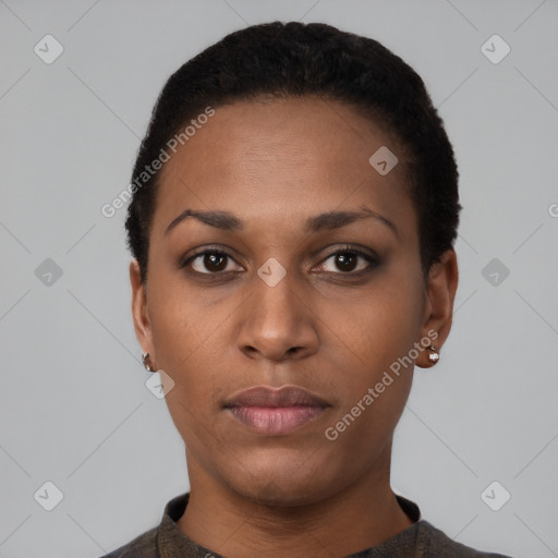 Neutral black young-adult female with short  black hair and brown eyes