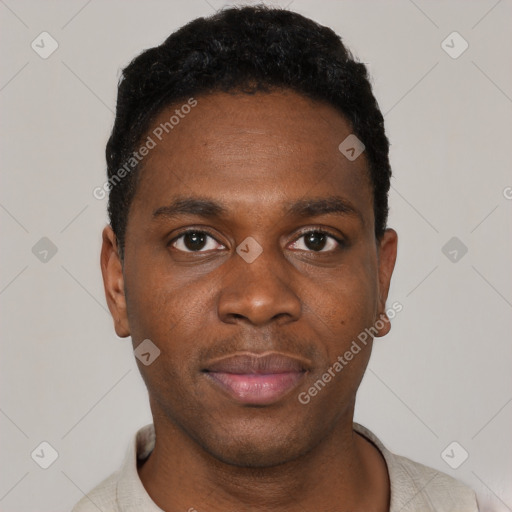 Neutral black young-adult male with short  black hair and brown eyes
