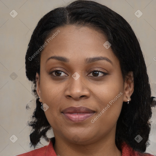 Joyful black young-adult female with medium  brown hair and brown eyes