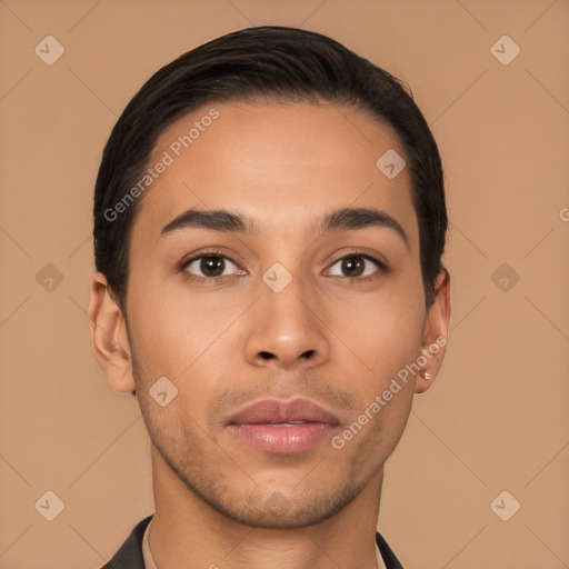 Neutral latino young-adult male with short  black hair and brown eyes