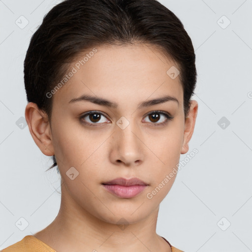 Neutral white young-adult female with short  brown hair and brown eyes