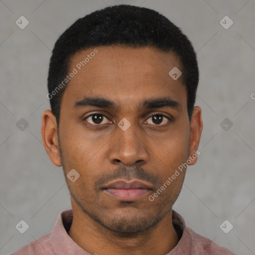 Neutral latino young-adult male with short  black hair and brown eyes