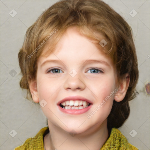 Joyful white child female with medium  brown hair and grey eyes