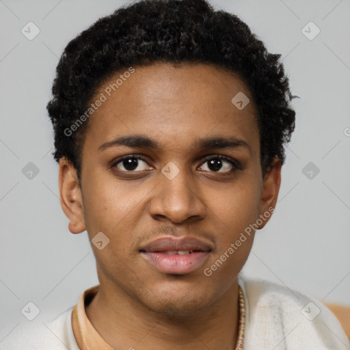 Joyful latino young-adult male with short  brown hair and brown eyes
