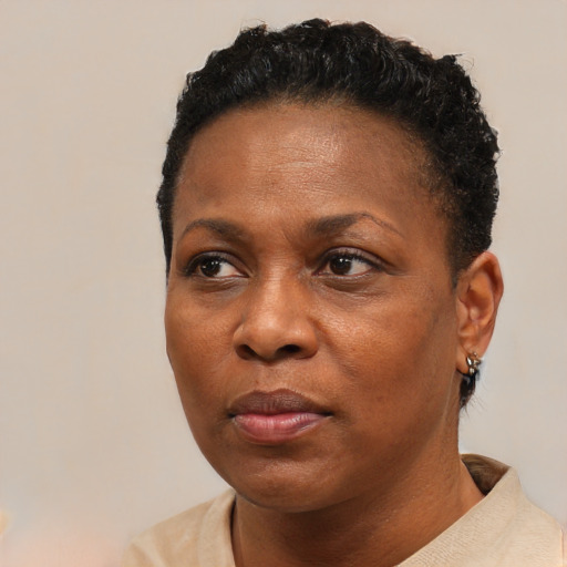 Neutral black adult female with short  black hair and brown eyes