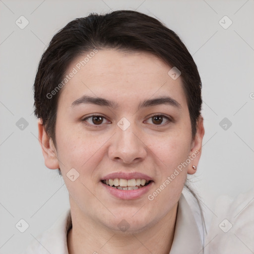 Joyful white young-adult female with short  brown hair and brown eyes