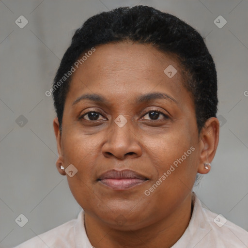 Joyful black adult female with short  brown hair and brown eyes