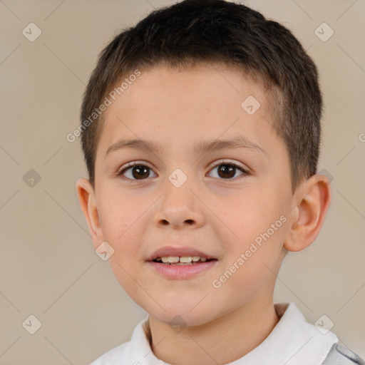 Joyful white child male with short  brown hair and brown eyes