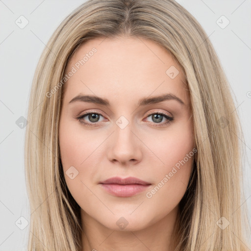 Neutral white young-adult female with long  brown hair and brown eyes