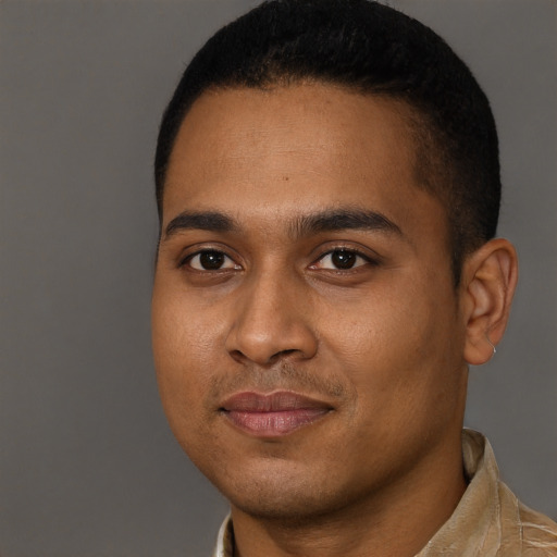 Joyful black young-adult male with short  brown hair and brown eyes
