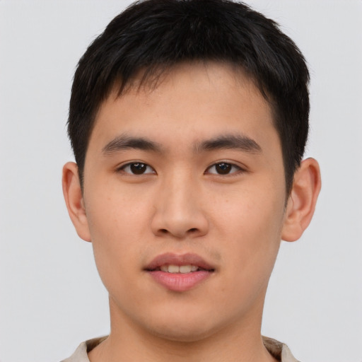 Neutral asian young-adult male with short  brown hair and brown eyes